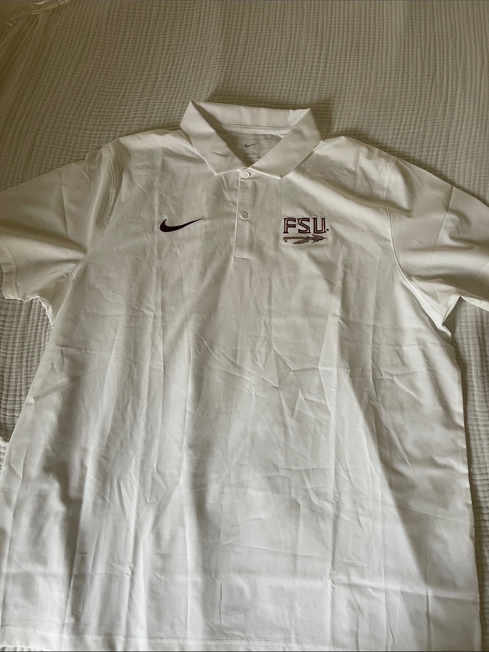 Nike DRI FIT White Polo Shirt with Garnet FSU Logo